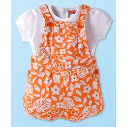 Babyhug Interlock Knit Half Puffed Sleeves Top & Dungaree with Floral & Text Print - Orange & White