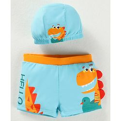 Babyhug Swimming Trunk & Cap with Dino Print - Blue