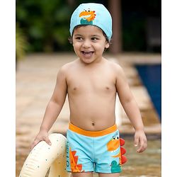 Babyhug Swimming Trunk & Cap with Dino Print - Blue