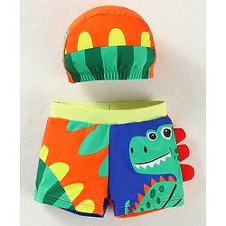 Babyhug Swimming Trunk & Cap with Dino Print - Green & Orange