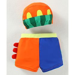 Babyhug Swimming Trunk & Cap with Dino Print - Green & Orange