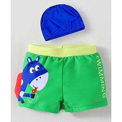 Babyhug Swimming Trunk & Cap with Horse Print - Green