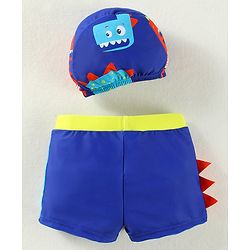 Babyhug Swimming Trunks & Cap with Dino Print - Blue