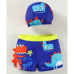 Babyhug Swimming Trunks & Cap with Dino Print - Blue