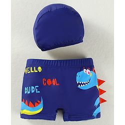 Babyhug Swimming Trunk & Cap with Dino Print - Navy Blue
