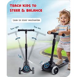 Babyhug 3 Wheel Blue & Black Foldable Kids Scooter With LED Wheels & Music|4 Level Adjustable|Non-Slip Wide Deck| 50 Kg Capacity| Lean to Steer Mechanism| Foot Brake| Easy Fold Design | No Assembly