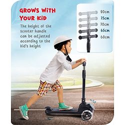 Babyhug 3 Wheel Blue & Black Foldable Kids Scooter With LED Wheels & Music|4 Level Adjustable|Non-Slip Wide Deck| 50 Kg Capacity| Lean to Steer Mechanism| Foot Brake| Easy Fold Design | No Assembly