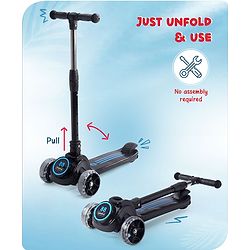 Babyhug 3 Wheel Blue & Black Foldable Kids Scooter With LED Wheels & Music|4 Level Adjustable|Non-Slip Wide Deck| 50 Kg Capacity| Lean to Steer Mechanism| Foot Brake| Easy Fold Design | No Assembly