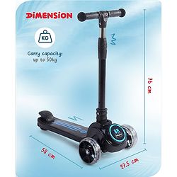 Babyhug 3 Wheel Blue & Black Foldable Kids Scooter With LED Wheels & Music|4 Level Adjustable|Non-Slip Wide Deck| 50 Kg Capacity| Lean to Steer Mechanism| Foot Brake| Easy Fold Design | No Assembly