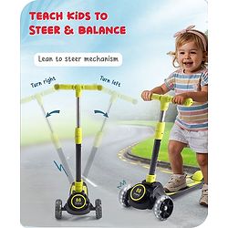 Babyhug 3 Wheel Yellow & Black Foldable Kids Scooter With LED Wheels & Music|4 Level Adjustable|Non-Slip Wide Deck| 50 Kg Capacity| Lean to Steer Mechanism| Foot Brake| Easy Fold Design | No Assembly
