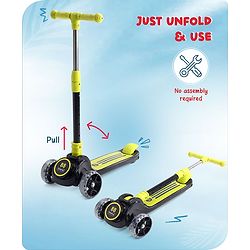 Babyhug 3 Wheel Yellow & Black Foldable Kids Scooter With LED Wheels & Music|4 Level Adjustable|Non-Slip Wide Deck| 50 Kg Capacity| Lean to Steer Mechanism| Foot Brake| Easy Fold Design | No Assembly