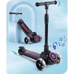 Babyhug 3 Wheel Pink & Black Foldable Kids Scooter With LED Wheels & Music|4 Level Adjustable|Non-Slip Wide Deck| 50 Kg Capacity| Lean to Steer Mechanism| Foot Brake| Easy Fold Design | No Assembly