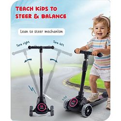 Babyhug 3 Wheel Pink & Black Foldable Kids Scooter With LED Wheels & Music|4 Level Adjustable|Non-Slip Wide Deck| 50 Kg Capacity| Lean to Steer Mechanism| Foot Brake| Easy Fold Design | No Assembly