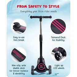 Babyhug 3 Wheel Pink & Black Foldable Kids Scooter With LED Wheels & Music|4 Level Adjustable|Non-Slip Wide Deck| 50 Kg Capacity| Lean to Steer Mechanism| Foot Brake| Easy Fold Design | No Assembly