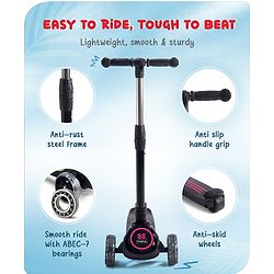Babyhug 3 Wheel Pink & Black Foldable Kids Scooter With LED Wheels & Music|4 Level Adjustable|Non-Slip Wide Deck| 50 Kg Capacity| Lean to Steer Mechanism| Foot Brake| Easy Fold Design | No Assembly