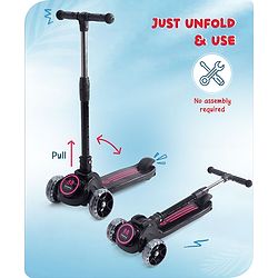 Babyhug 3 Wheel Pink & Black Foldable Kids Scooter With LED Wheels & Music|4 Level Adjustable|Non-Slip Wide Deck| 50 Kg Capacity| Lean to Steer Mechanism| Foot Brake| Easy Fold Design | No Assembly