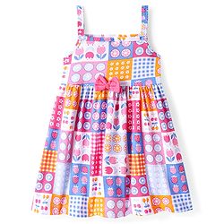Babyhug Single Jersey Knit Sleeveless Dress With Fruit & Floral Print & Bow Applique - Multicolor