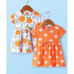 Babyhug Single Jersey Knit Half Sleeves Floral & Oranges Printed Frocks with Bow Applique Pack of 2 - Orange & White
