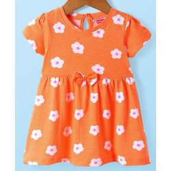 Babyhug Single Jersey Knit Half Sleeves Floral & Oranges Printed Frocks with Bow Applique Pack of 2 - Orange & White