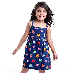 Babyhug Single Jersey Knit Singlet Frock with Floral & Heart Print Bow Applique - Navy Blue
