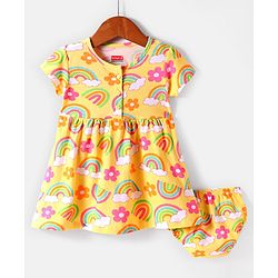 Babyhug Single Jersey Knit Half Sleeves Floral Printed Frock with Bloomer - Yellow