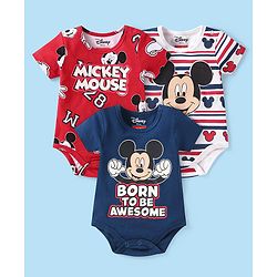 Babyhug Disney Interlock Knit Half Sleeves Onesies with Mickey Mouse Graphics & Stripes Pack of 3 - White Red & Navy Blue