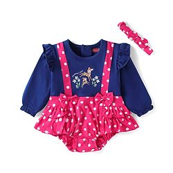 Babyhug Interlock Knit Full Sleeves Onesie With Deer & Polka Dot Print & Headband - Navy Blue & Dark Pink