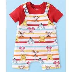 Babyhug Disney Single Jersey Knit Dungaree & Half Sleeves T-Shirt with Winnie & Friends Graphic - Red