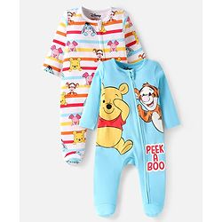Babyoye Disney Interlock Knit Full Sleeves Footed Sleep Suits With Winnie & Friends Graphic Pack Of 2 - White & Light Blue
