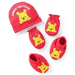 Babyhug Interlock Knit Cap Mittens And Booties with Winnie The Pooh Graphic - Red