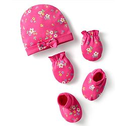 Babyhug 100% Cotton Interlock Knit Cap Mittens & Booties Set with Floral Print Dark Pink - Diameter 16 cm