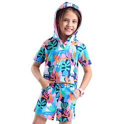 Babyhug Single Jersey Knit Half Sleeves Hooded T-Shirt & Shorts Set with Tropical Theme Print - Multicolor