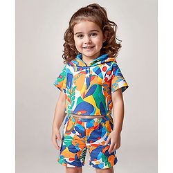 Babyhug Single Jersey Knit Half Sleeves Hooded T-Shirt & Shorts Set With Tropical Print - Yellow & Blue