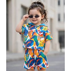 Babyhug 100% Cotton Single Jersey Knit Half Sleeves Hooded T-Shirt & Shorts Set With Tropical Print - Yellow & Blue