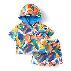Babyhug 100% Cotton Single Jersey Knit Half Sleeves Hooded T-Shirt & Shorts Set With Tropical Print - Yellow & Blue