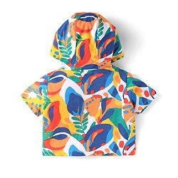 Babyhug 100% Cotton Single Jersey Knit Half Sleeves Hooded T-Shirt & Shorts Set With Tropical Print - Yellow & Blue
