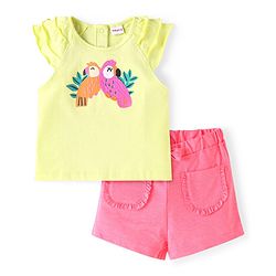 Babyhug Single Jersey Knit Sleeveless Top & Shorts Set With Parrot Print & Embroidery - Yellow & Pink