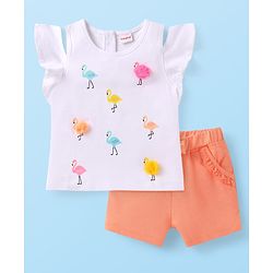 Babyhug Single Jersey Knit Half Cold Shoulder Sleeves Top & Shorts with Birds Applique - White & Peach
