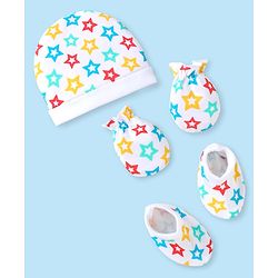 Babyhug 100% Cotton Knit Cap Mittens & Booties with Star Print - White
