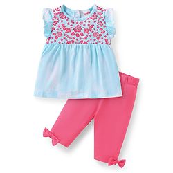 Babyhug Single Jersey Knit Frill Sleeves Floral Embroidered Top & Lounge Pant with Bow Applique - Blue & Pink