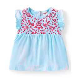 Babyhug Single Jersey Knit Frill Sleeves Floral Embroidered Top & Lounge Pant with Bow Applique - Blue & Pink