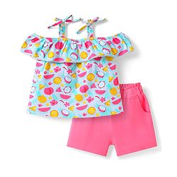 Babyhug Single Jersey Knit Cold Shoulder Sleeves Top & Shorts Set with Fruits & Floral Print - Dark Pink & Light Blue