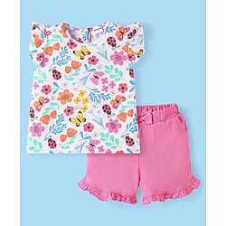 Babyhug Single Jersey Knit Frill Sleeves Top & Shorts Set With Floral Print & Bow Applique - White & Pink