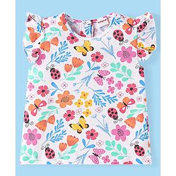 Babyhug Single Jersey Knit Frill Sleeves Top & Shorts Set With Floral Print & Bow Applique - White & Pink