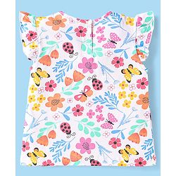 Babyhug Single Jersey Knit Frill Sleeves Top & Shorts Set With Floral Print & Bow Applique - White & Pink