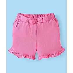 Babyhug Single Jersey Knit Frill Sleeves Top & Shorts Set With Floral Print & Bow Applique - White & Pink