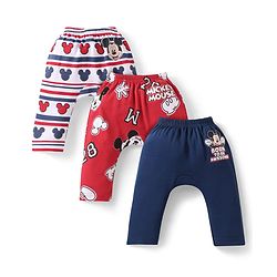 Babyhug Disney Interlock Knit Ankle Length Diaper Leggings with Mickey Mouse & Graphics Pack of 3 - Navy Blue Red White
