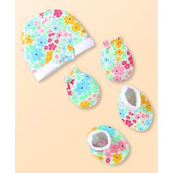 Babyhug 100% Cotton Knit Cap Mittens & Booties with Floral Print - Sky Blue