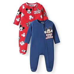 Babyoye Disney Interlock Knit Full Sleeves Footed Sleep Suits With Mickey Mouse Print Pack Of 2 - Navy Blue & Red