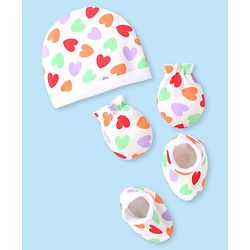 Babyhug 100% Cotton Knit Cap Mittens & Booties with Heart Print - White